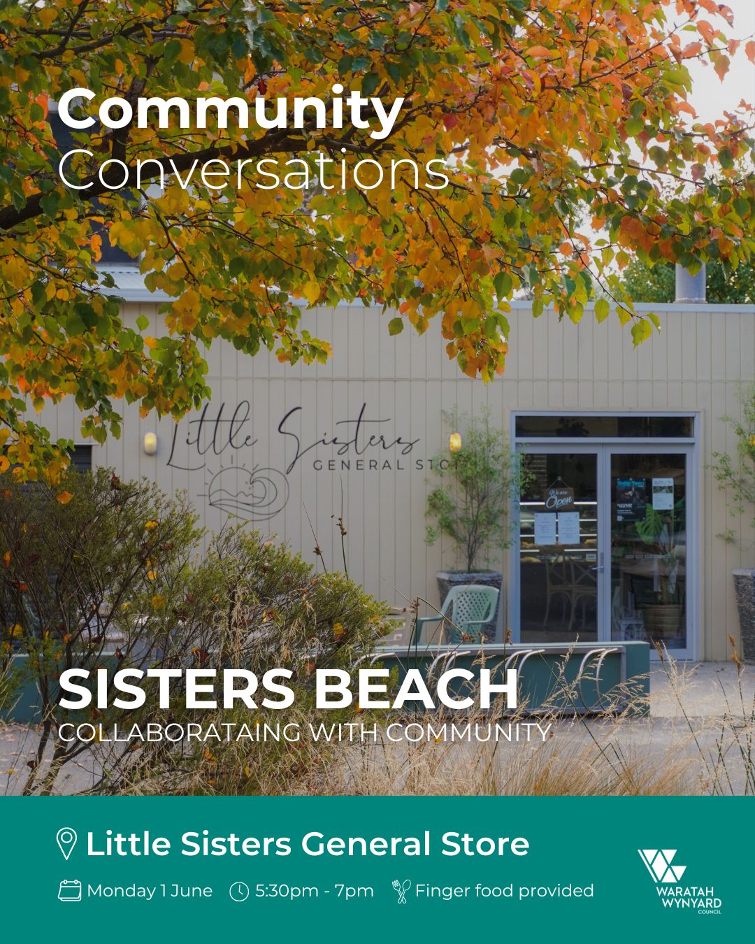 Promotional image for Sisters Beach Community Conversations at Little Sisters General Store