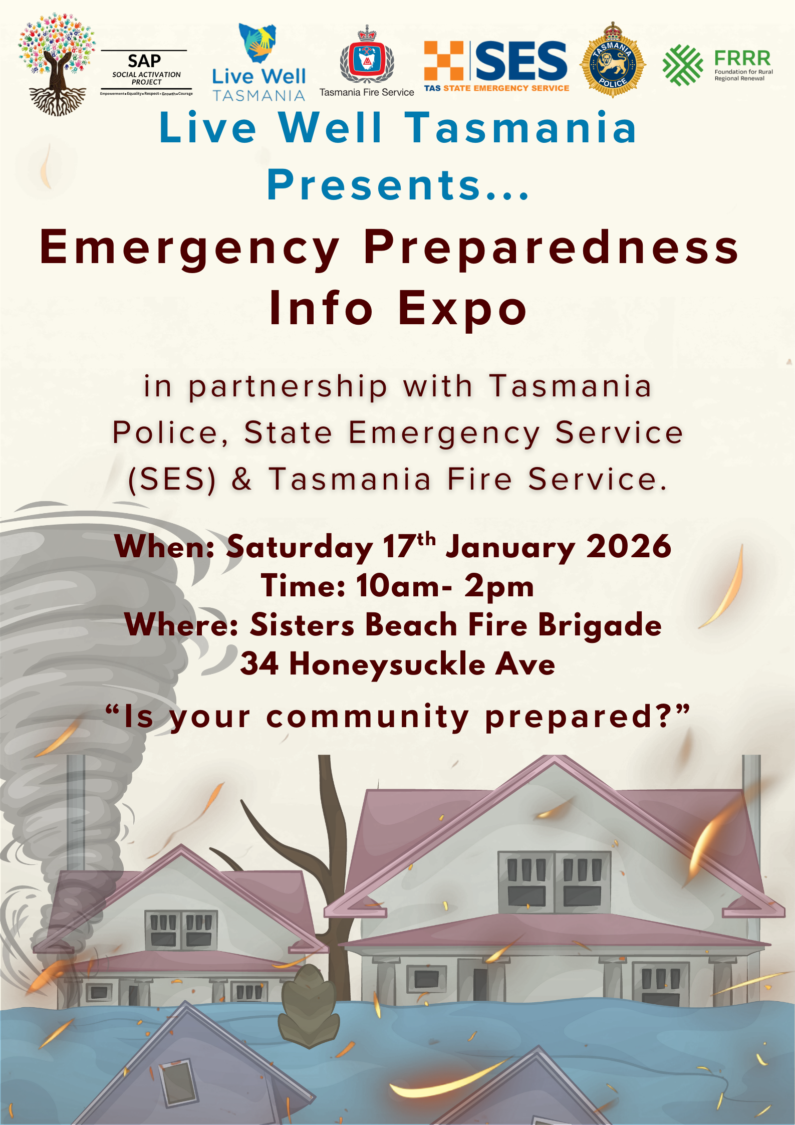 Image is a flyer contianing details for the Sister Beach Emergency Preparedness Info Expo