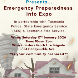 Image is a flyer contianing details for the Sister Beach Emergency Preparedness Info Expo